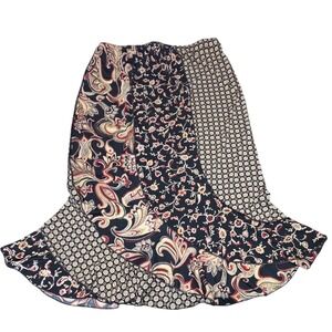Patchwork Paisley Floral Ruffle Mermaid Skirt Womens M Midi Black Red Festival